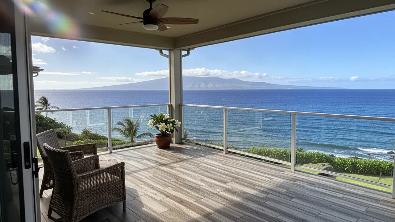Wood-look porcelain tile on covered lanai in Napili